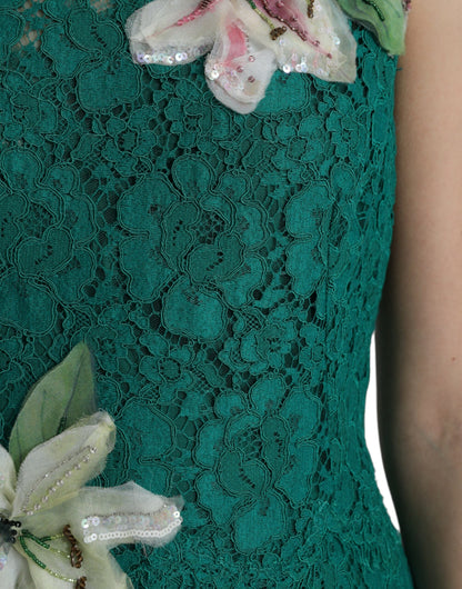 Dolce & Gabbana Green Lace Floral Applique Aline Midi Dress