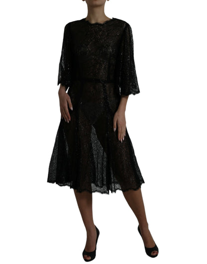 Dolce & Gabbana Black Floral Lace Sheer A-line Midi Dress