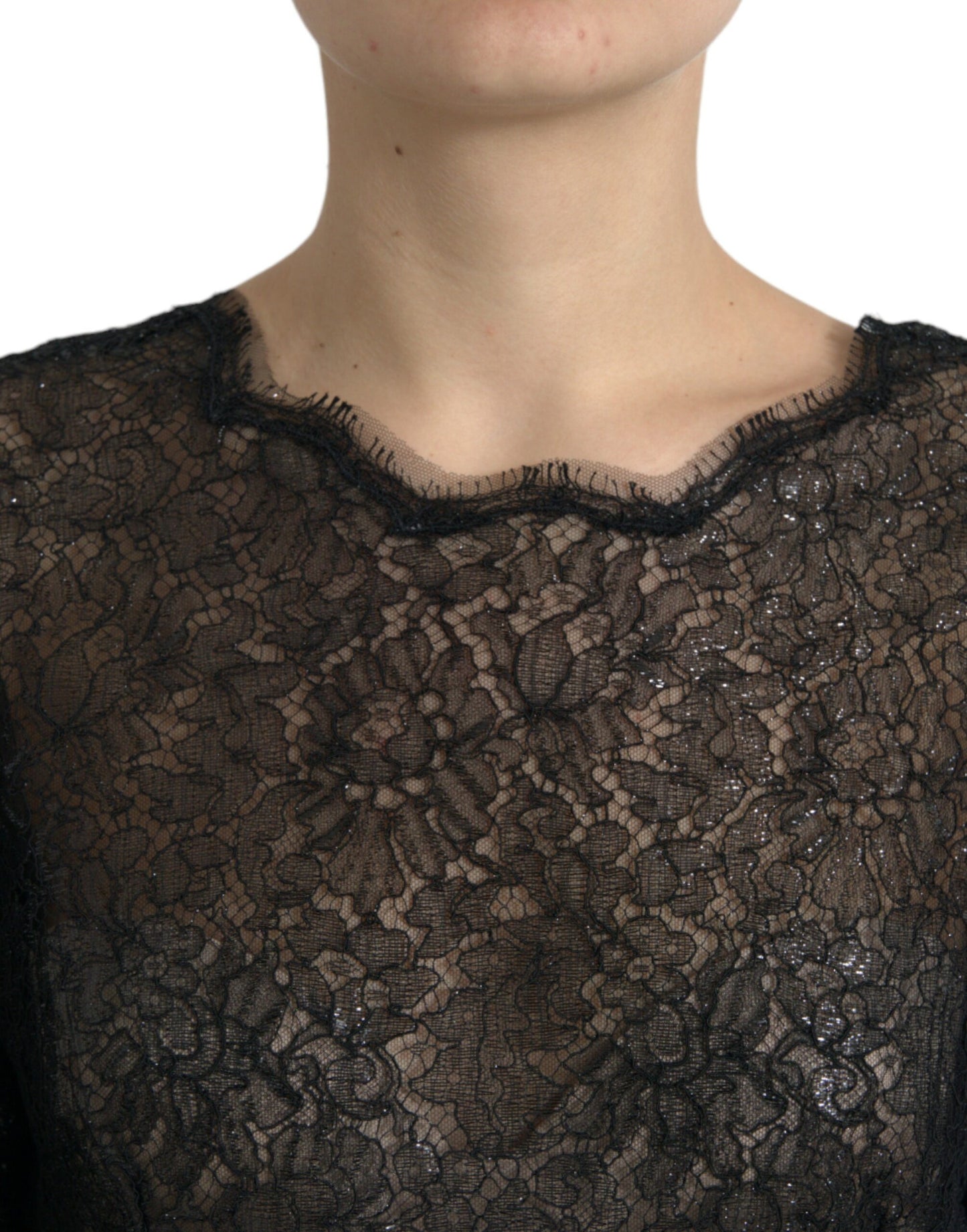 Dolce & Gabbana Black Floral Lace Sheer A-line Midi Dress