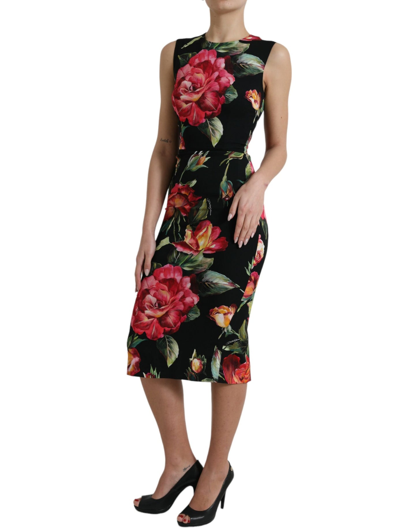 Dolce & Gabbana Black Floral Print Silk Sheath Midi Dress