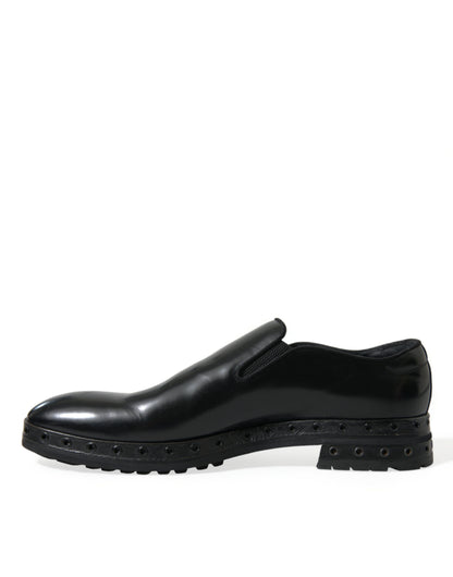 Dolce & Gabbana Black Leather Studded Loafers Dress Shoes