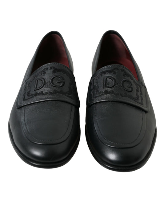 Dolce & Gabbana Black Leather Logo Embroidery Loafers Dress Shoes