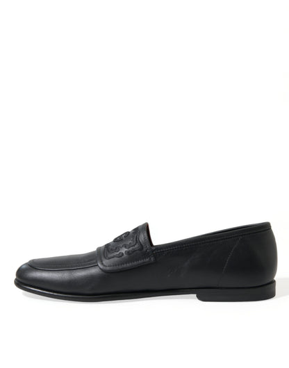 Dolce & Gabbana Black Leather Logo Embroidery Loafers Dress Shoes