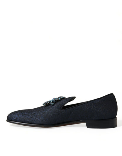 Dolce & Gabbana Blue Jacquard Lurex Crystal Loafer Dress Shoes