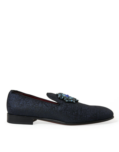 Dolce & Gabbana Blue Jacquard Lurex Crystal Loafer Dress Shoes