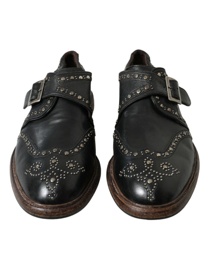 Dolce & Gabbana Black Leather Monk Strap Studded Dress Shoes