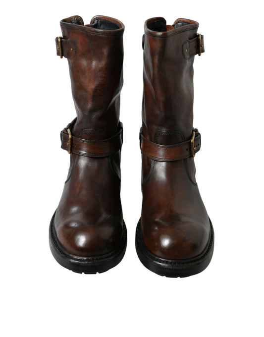 Dolce & Gabbana Brown Leather Mid Calf Biker Boots Shoes