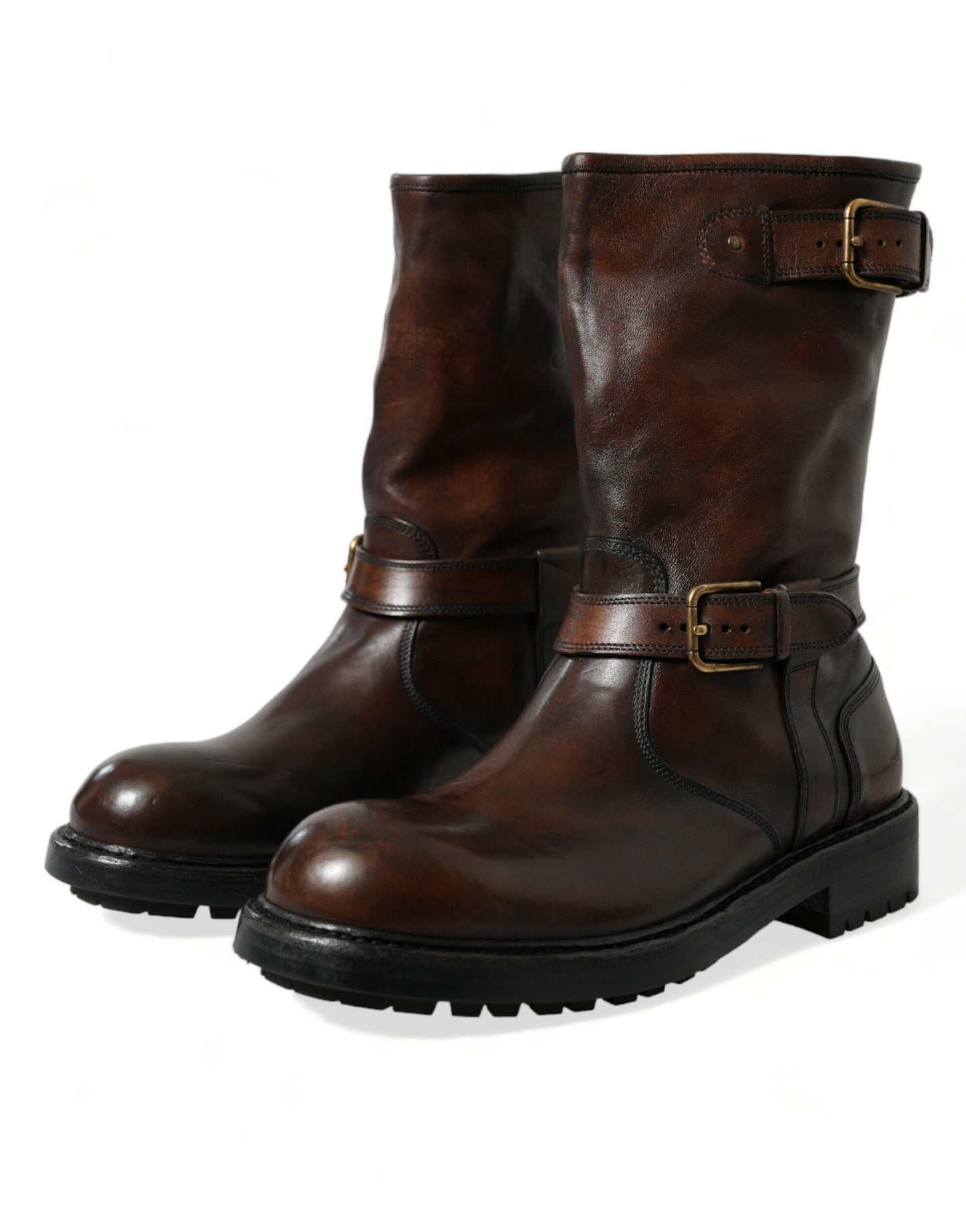 Dolce & Gabbana Brown Leather Mid Calf Biker Boots Shoes