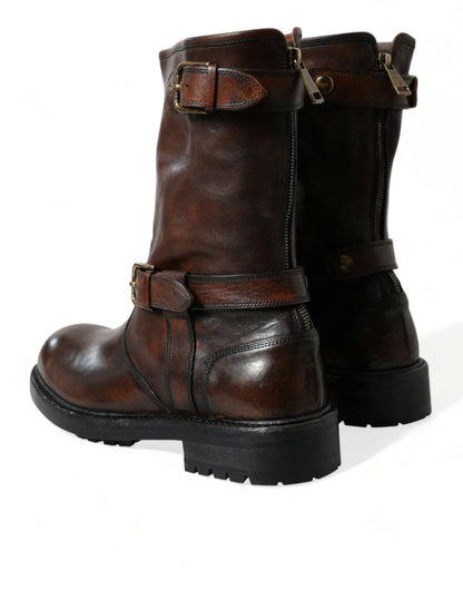 Dolce & Gabbana Brown Leather Mid Calf Biker Boots Shoes