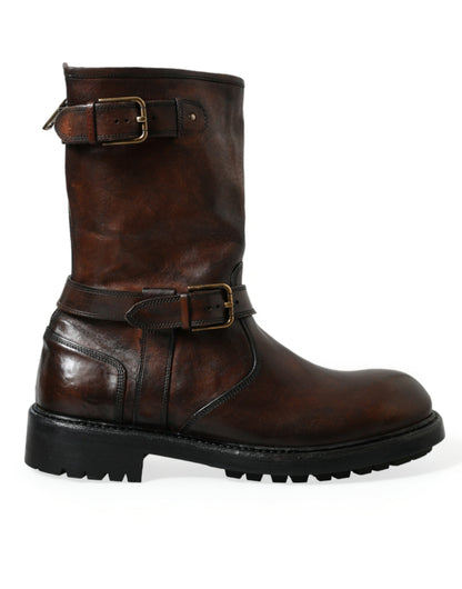 Dolce & Gabbana Brown Leather Mid Calf Biker Boots Shoes