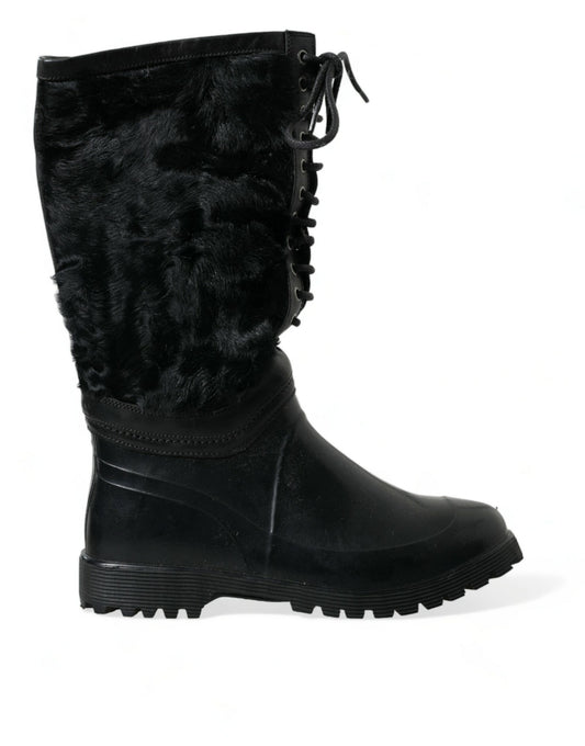 Dolce & Gabbana Black Rubber Lace Up Shearling Rain Boots Shoes