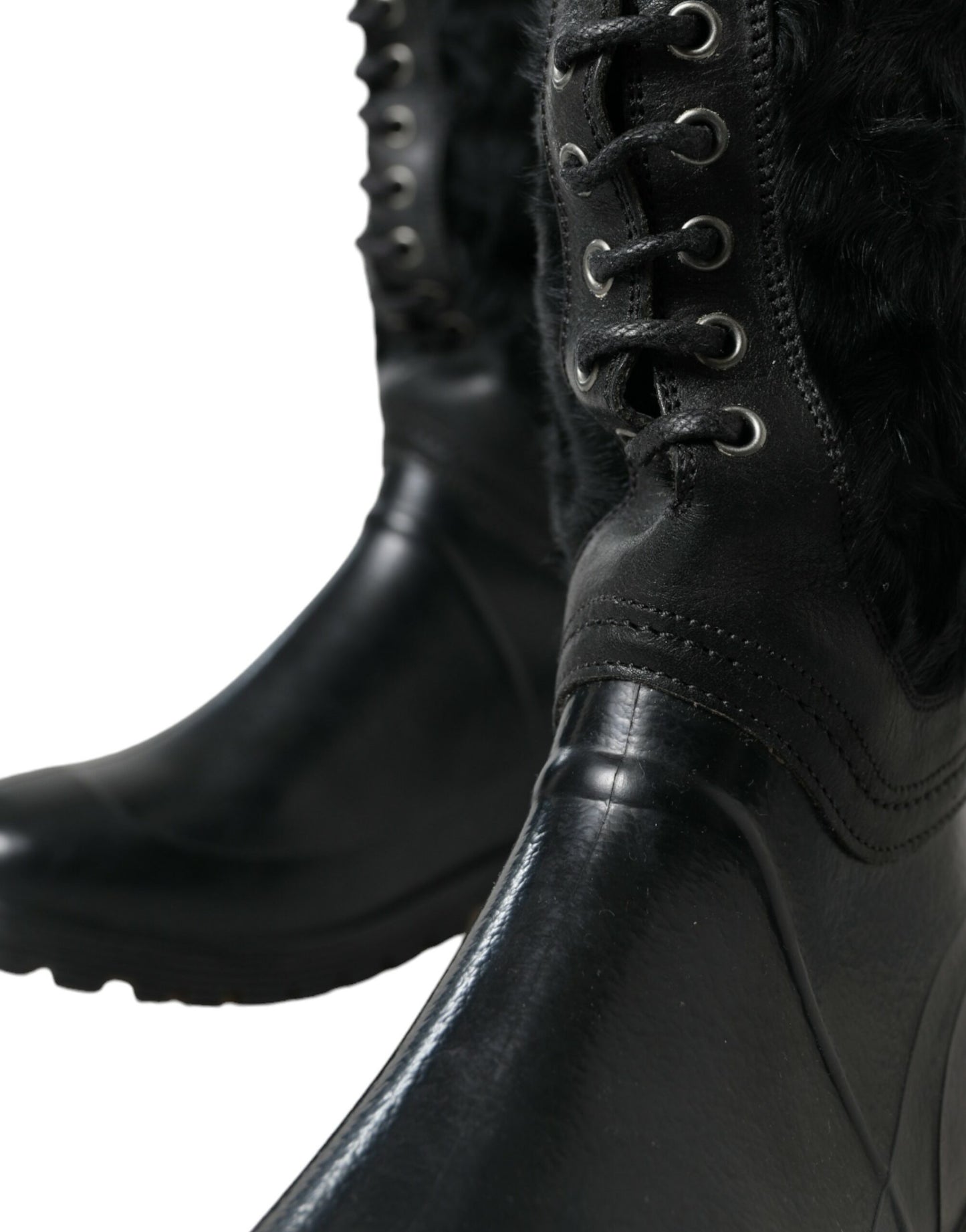 Dolce & Gabbana Black Rubber Lace Up Shearling Rain Boots Shoes