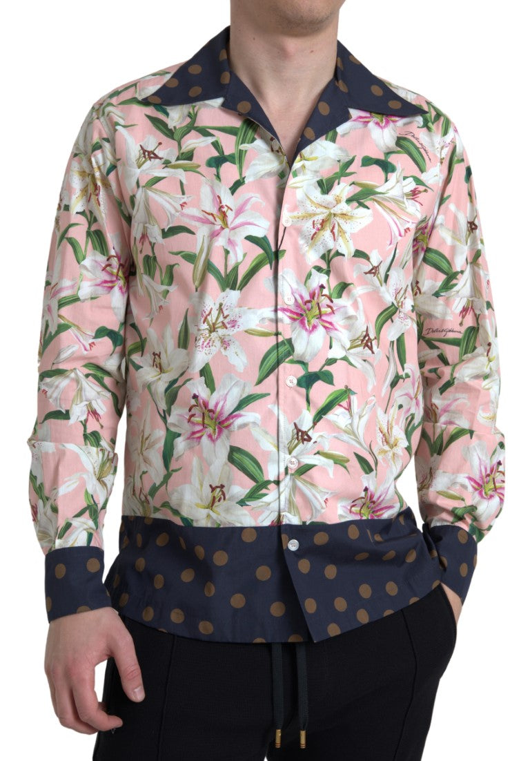 Dolce & Gabbana Cotton Polka Dot Lily Print Collared Shirt