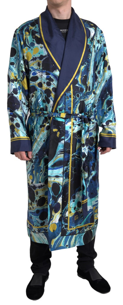 Dolce & Gabbana Marble Blue Silk Long Robe Luxury Sleepwear