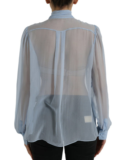 Dolce & Gabbana Blue Long Sleeves Ascot Collar Blouse Top