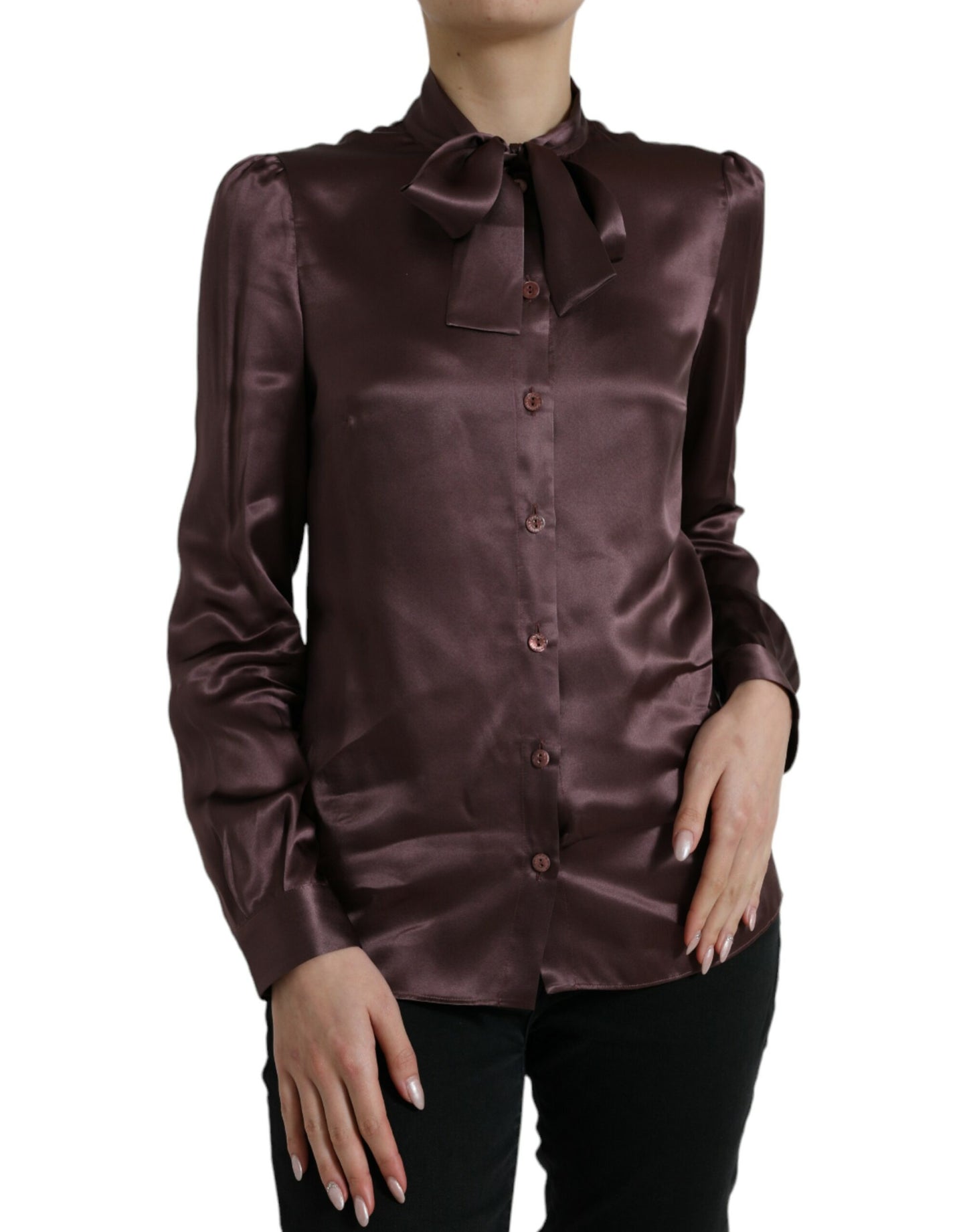 Dolce & Gabbana Brown Silk Ascot Collar Long Sleeve Blouse Top