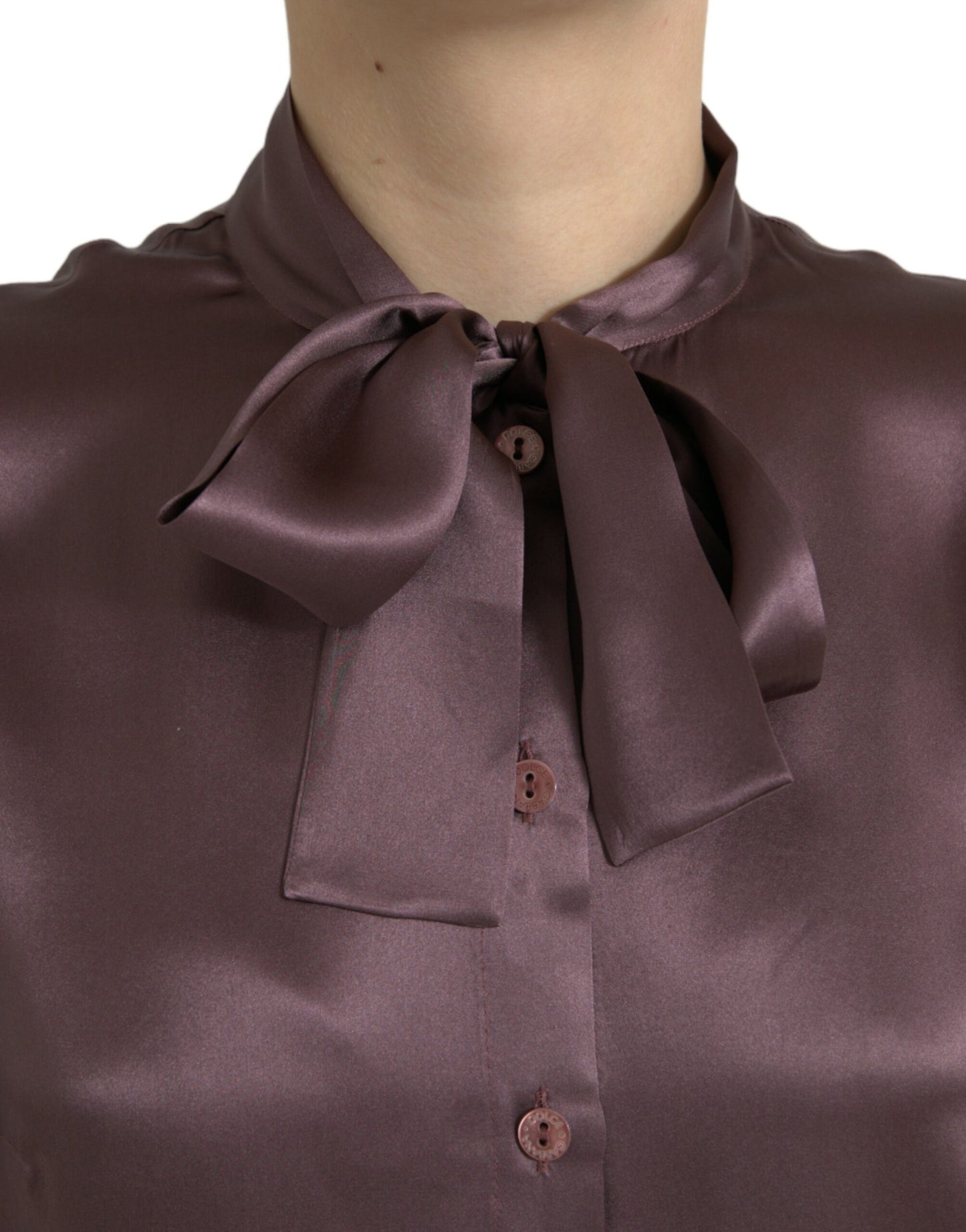 Dolce & Gabbana Brown Silk Ascot Collar Long Sleeve Blouse Top