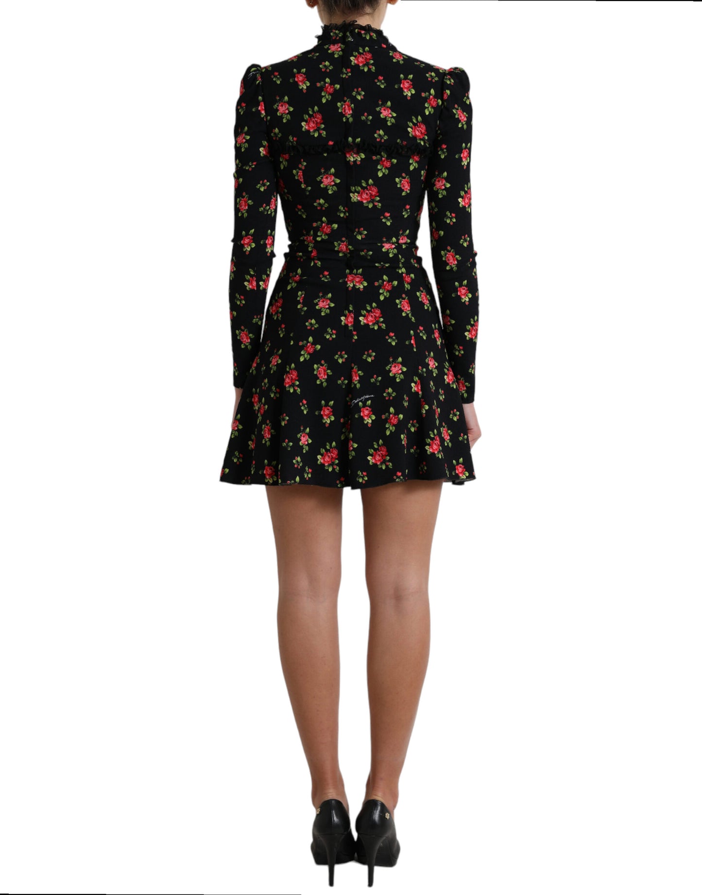 Dolce & Gabbana Black Floral A-line Long Sleeves Mini Dress