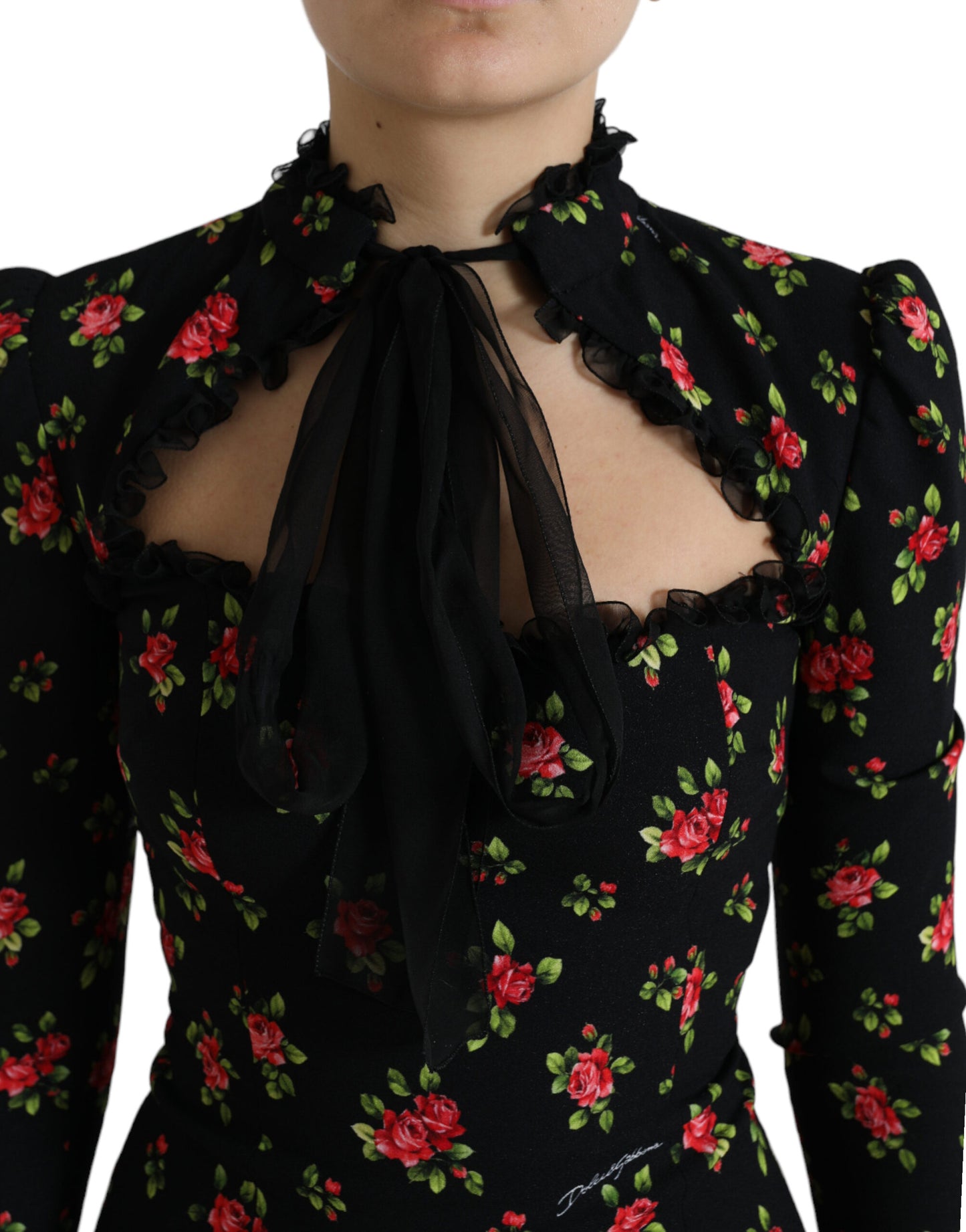 Dolce & Gabbana Black Floral A-line Long Sleeves Mini Dress