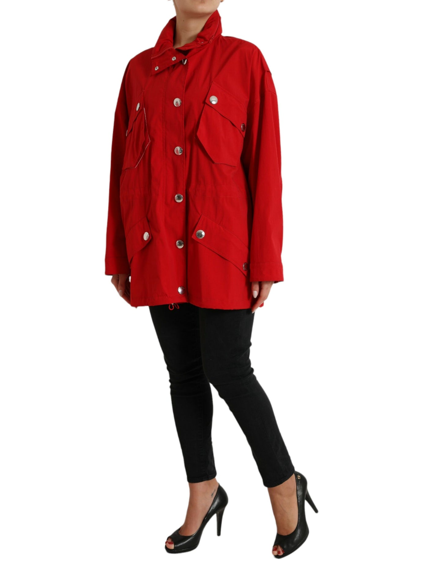 Dolce & Gabbana Red Polyester Hooded Button Rain Coat Jacket