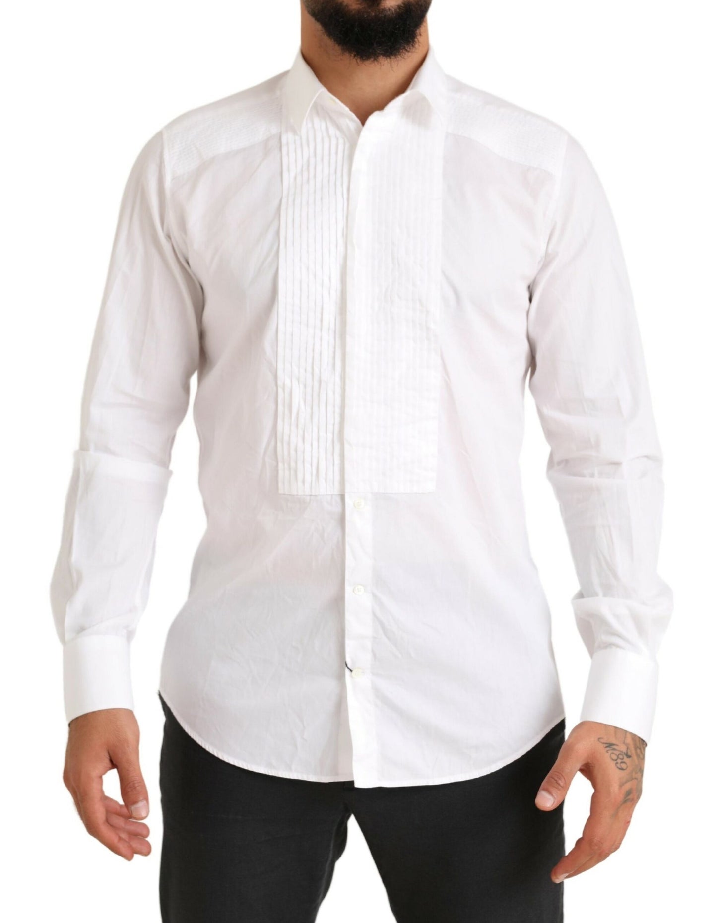 Dolce & Gabbana White GOLD Formal Cotton Tuxedo Dress Shirt