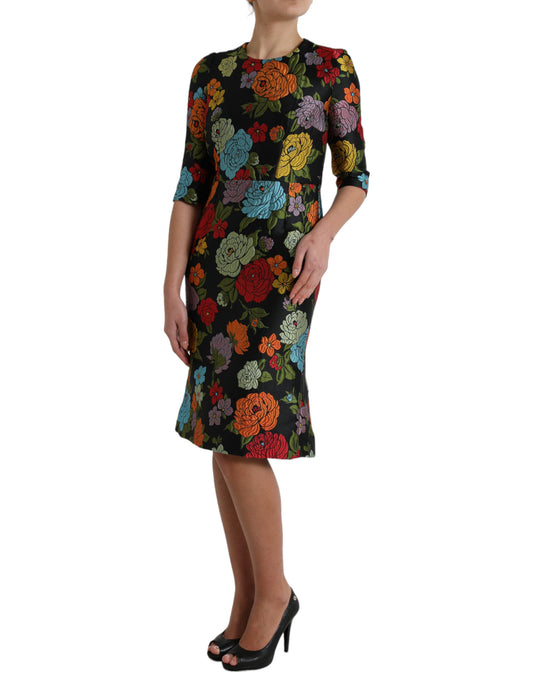 Dolce & Gabbana Black Floral Embroidery Knee Length Dress