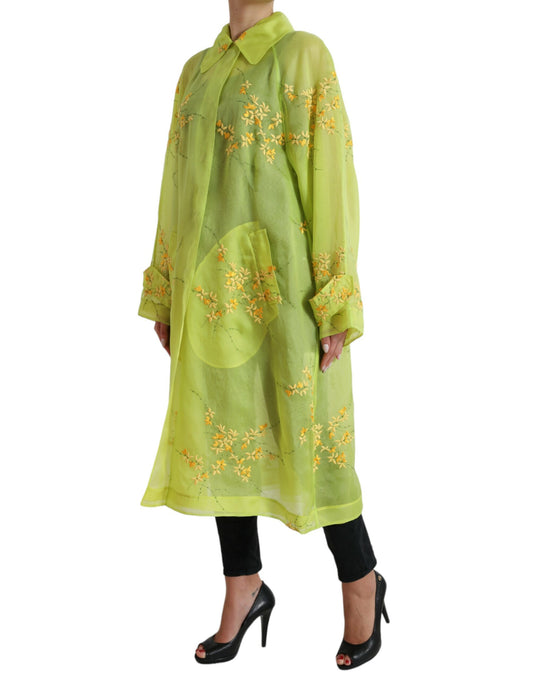 Dolce & Gabbana Green Silk Floral Embroidery Long Coat Jacket