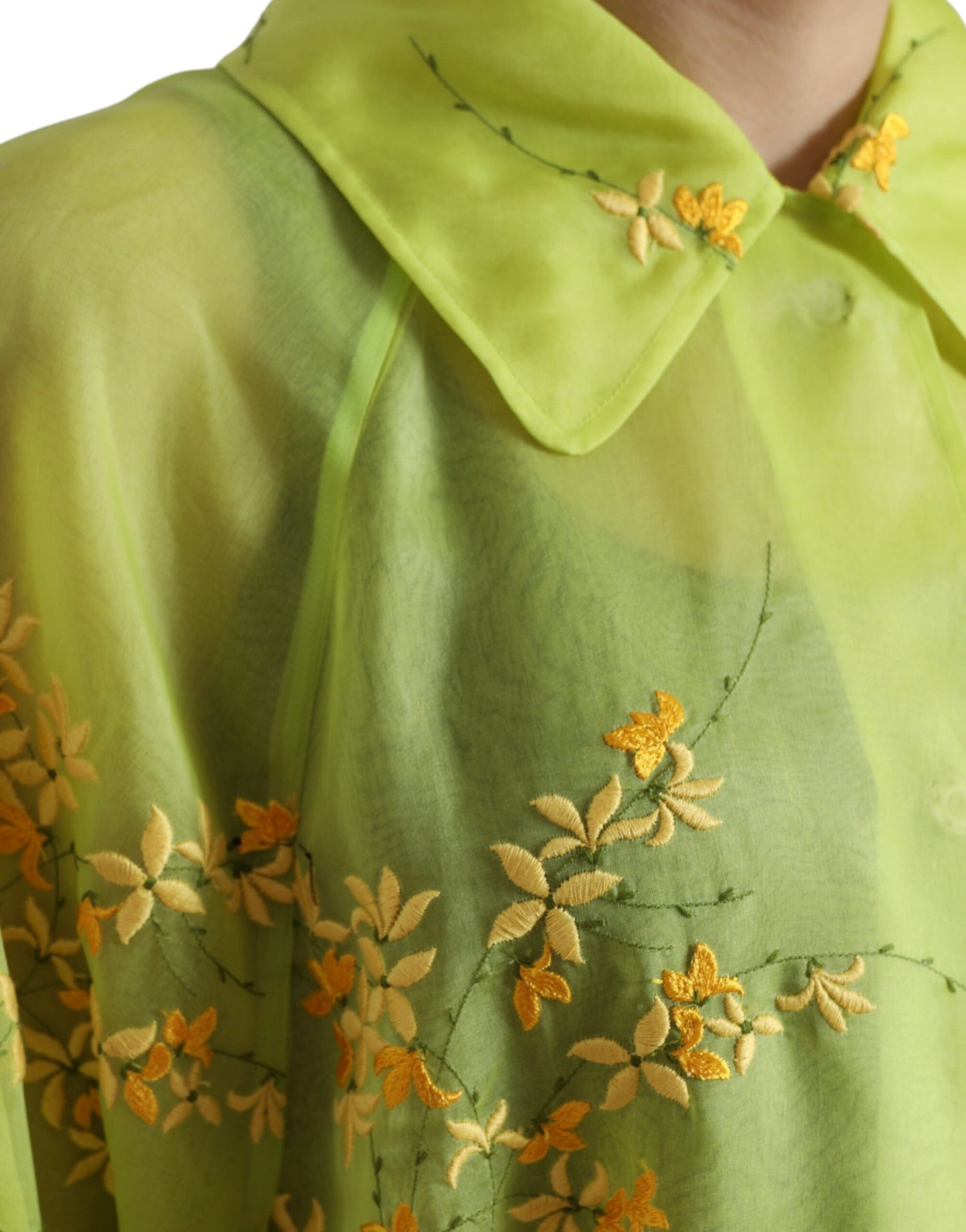 Dolce & Gabbana Green Silk Floral Embroidery Long Coat Jacket