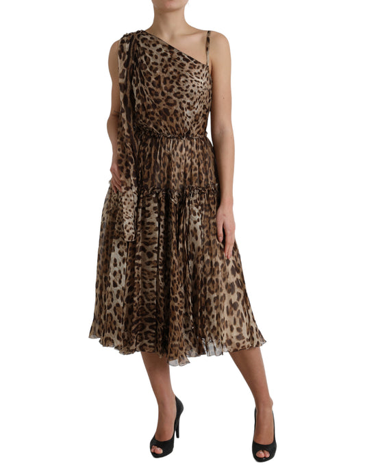 Dolce & Gabbana Brown Leopard Print Silk Ruffled Midi Dress