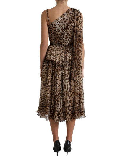 Dolce & Gabbana Brown Leopard Print Silk Ruffled Midi Dress