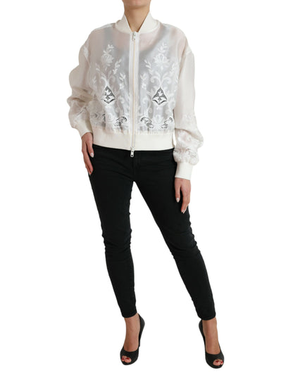 Dolce & Gabbana White Floral Lace Silk Full Zip Bomber Jacket