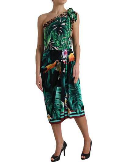 Dolce & Gabbana Green Tropical Jungle Print One Shoulder Midi Dress