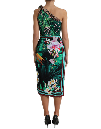 Dolce & Gabbana Green Tropical Jungle Print One Shoulder Midi Dress