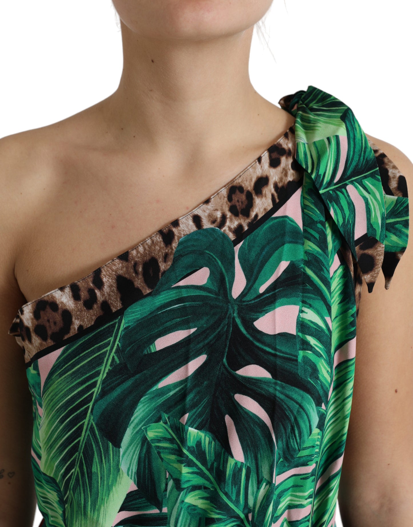 Dolce & Gabbana Green Tropical Jungle Print One Shoulder Midi Dress