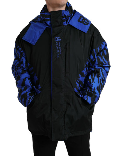 Dolce & Gabbana Black Blue Hooded Windbreaker Coat Jacket