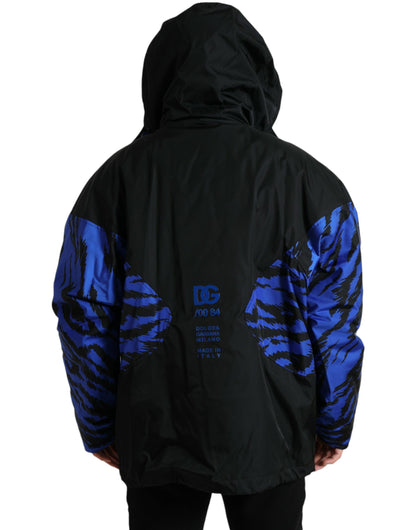 Dolce & Gabbana Black Blue Hooded Windbreaker Coat Jacket