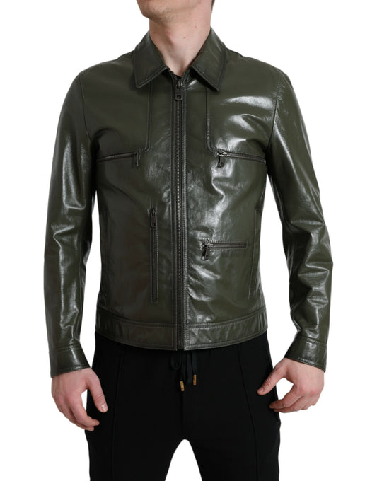 Dolce & Gabbana Green Leather Collared Biker Full Zip Jacket