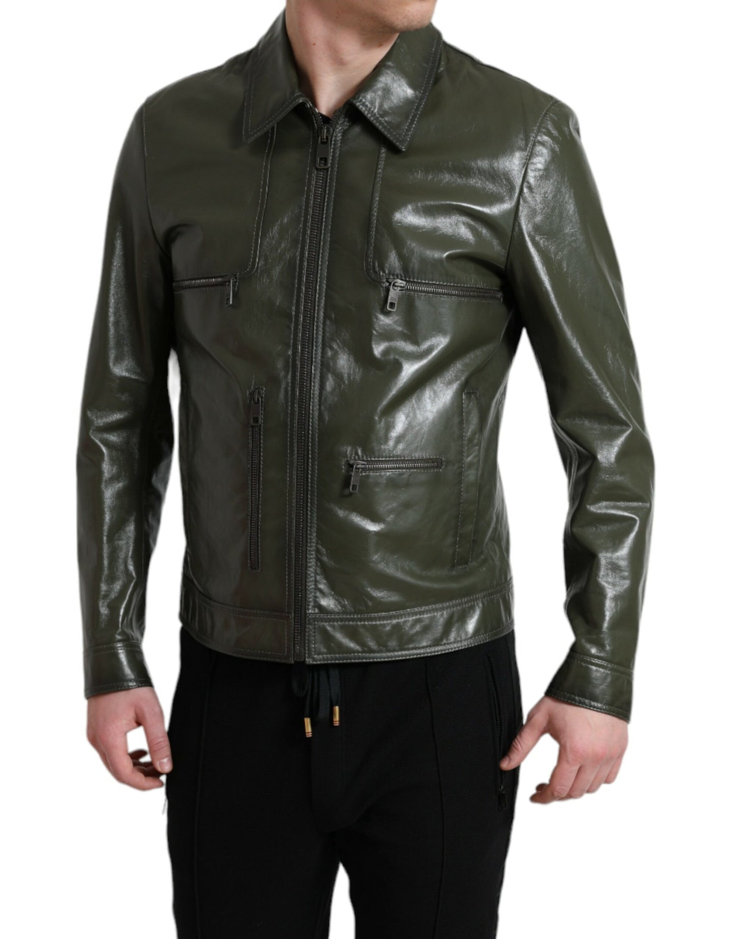 Dolce & Gabbana Green Leather Collared Biker Full Zip Jacket