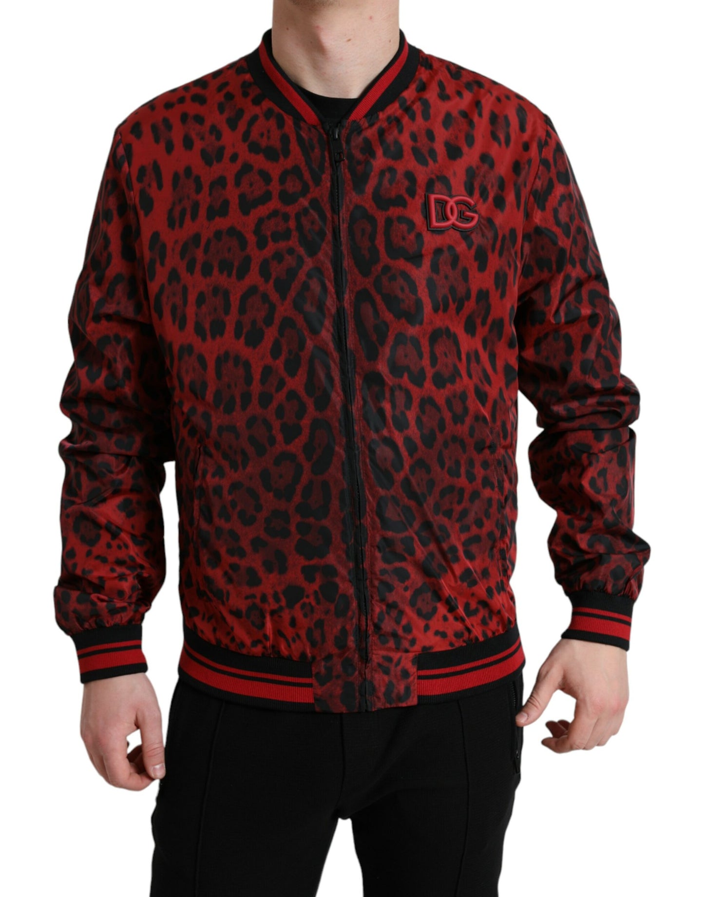 Dolce & Gabbana Red Leopard Nylon Bomber Full Zip Jacket