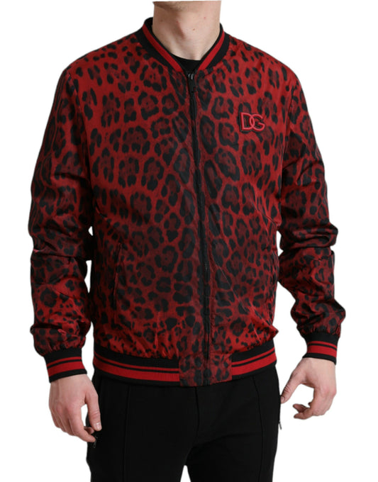 Dolce & Gabbana Red Leopard Nylon Bomber Full Zip Jacket