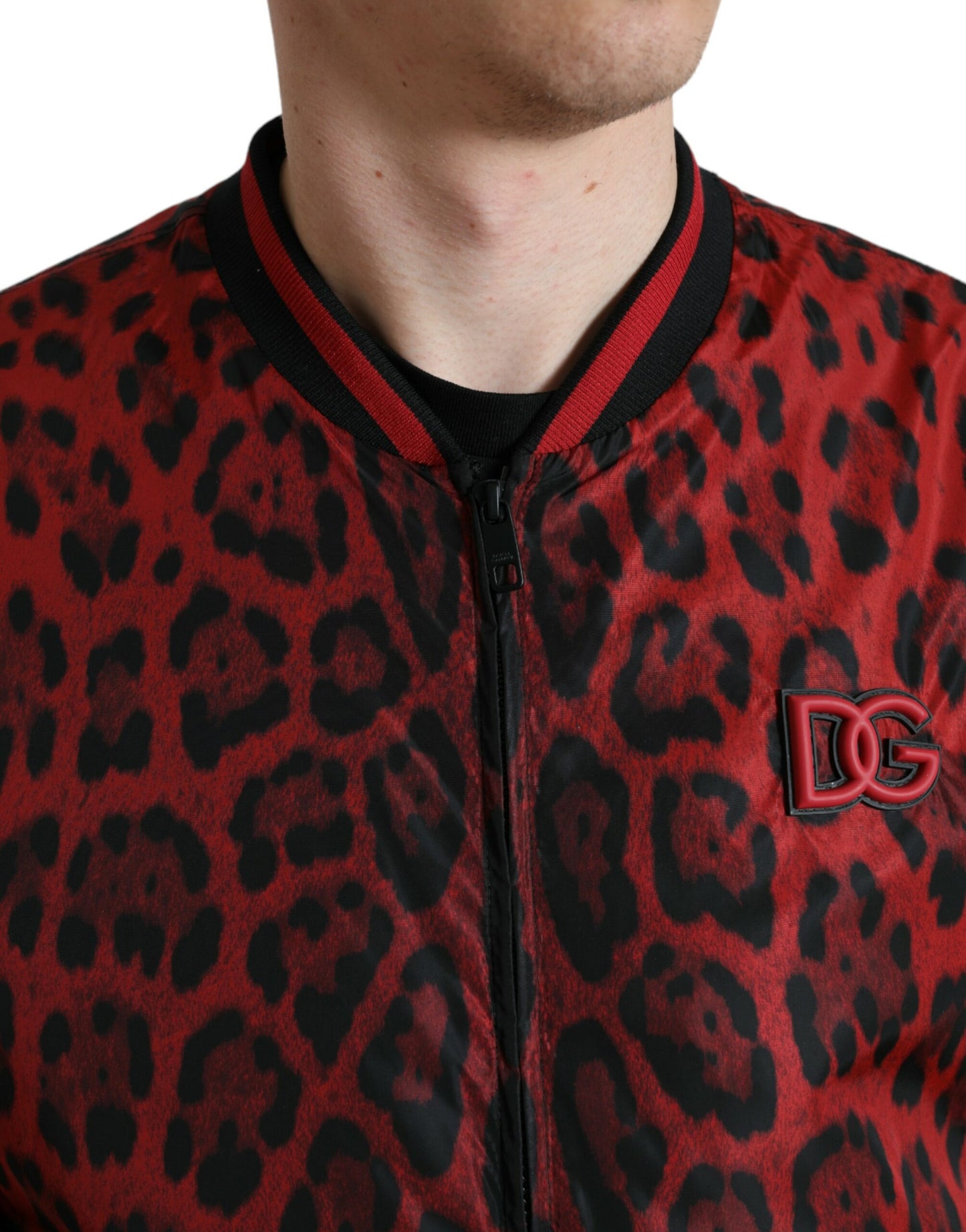 Dolce & Gabbana Red Leopard Nylon Bomber Full Zip Jacket