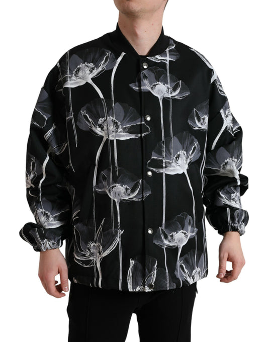 Dolce & Gabbana Black Floral Print Wool Button Down Bomber Jacket