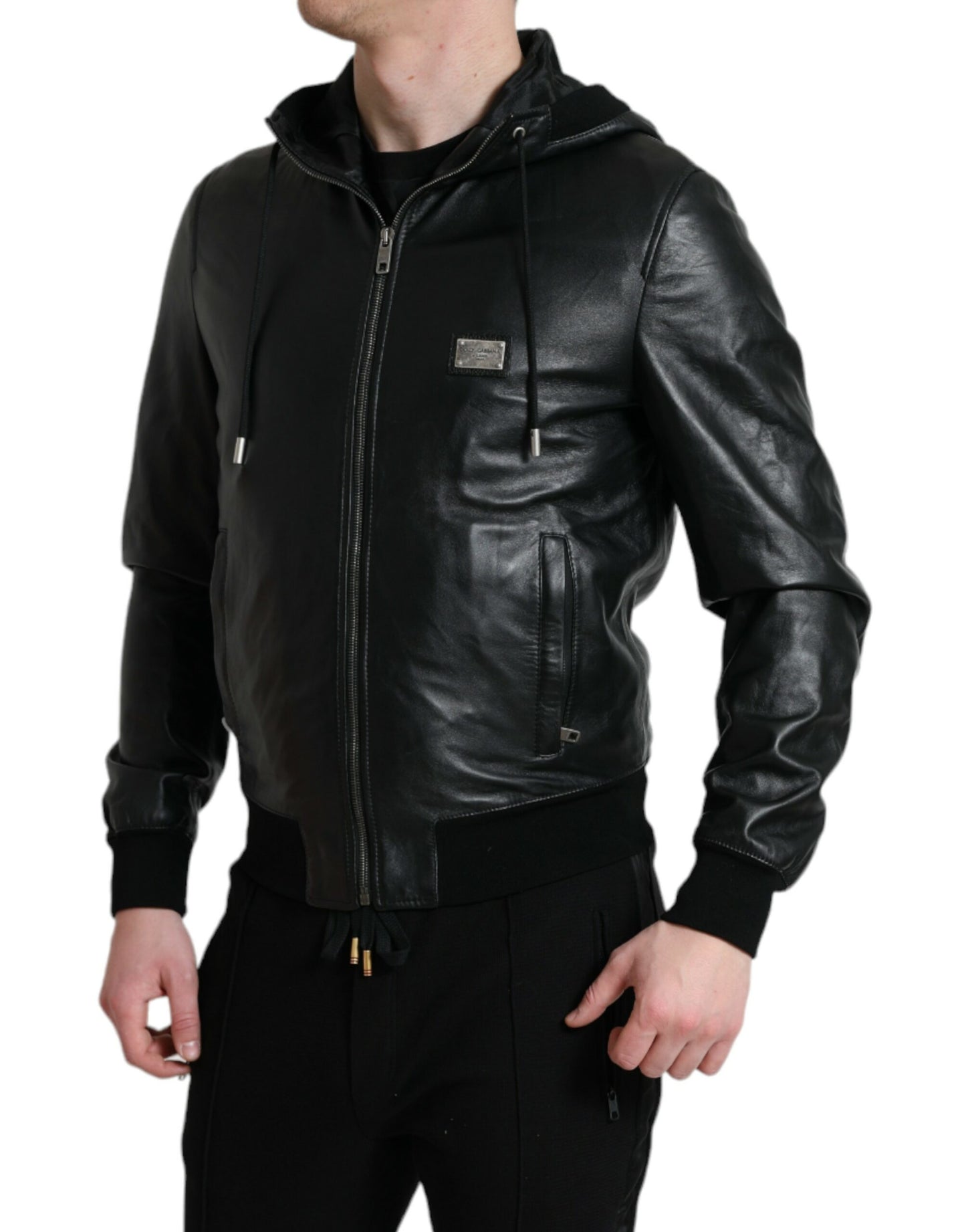 Dolce & Gabbana Black Leather Hooded Full Zip Logo Jacket