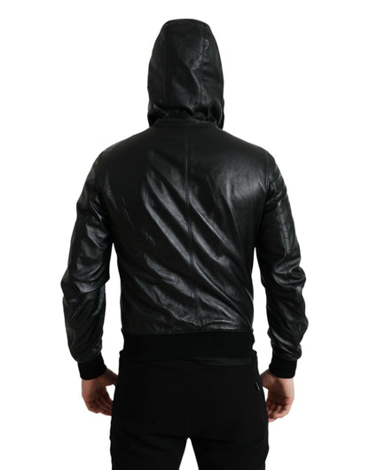 Dolce & Gabbana Black Leather Hooded Full Zip Logo Jacket