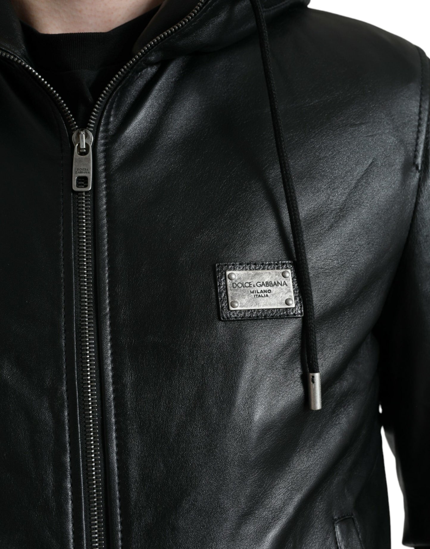 Dolce & Gabbana Black Leather Hooded Full Zip Logo Jacket