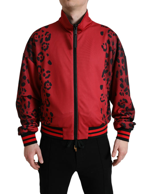 Dolce & Gabbana Red Leopard Polyester Bomber Full Zip Jacket