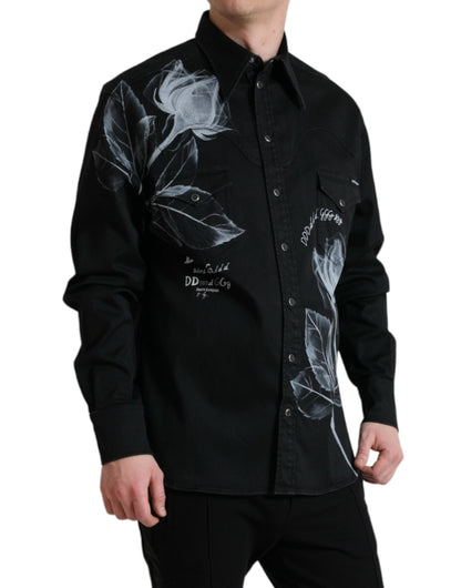 Dolce & Gabbana Black Floral Cotton Collared Dress Shirt