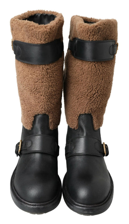 Dolce & Gabbana Black Leather Brown Shearling Boots