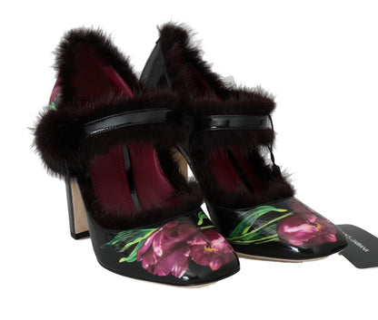 Dolce & Gabbana Black Purple Tulip Print Fur Mary Janes Pumps