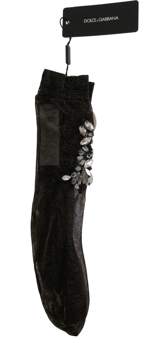 Dolce & Gabbana Black Stretch Floral Clear Crystal Socks